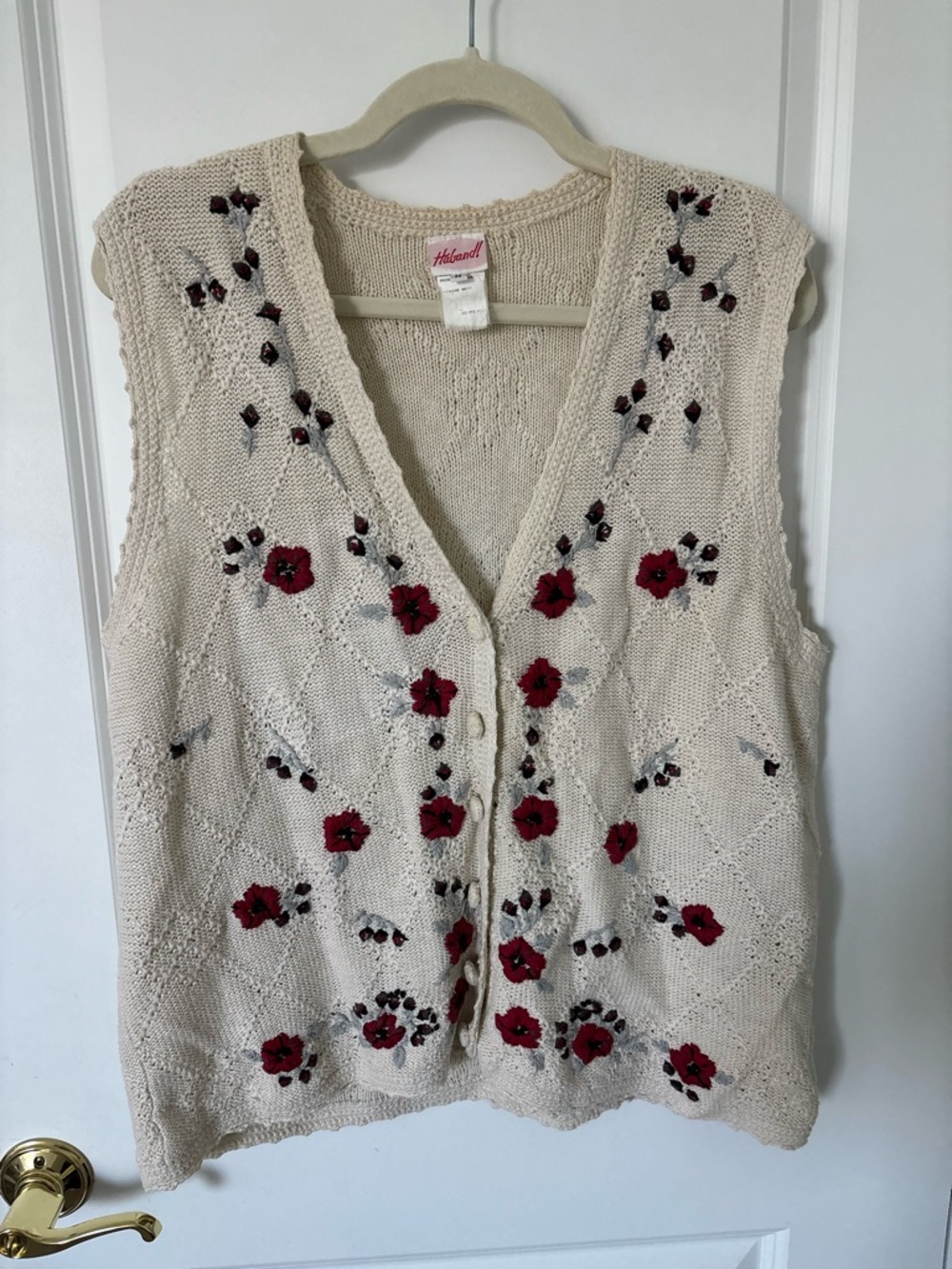 Vintage Haband Embroidered Floral Sweater Vest Cream Burgundy Blue M Cottagecore